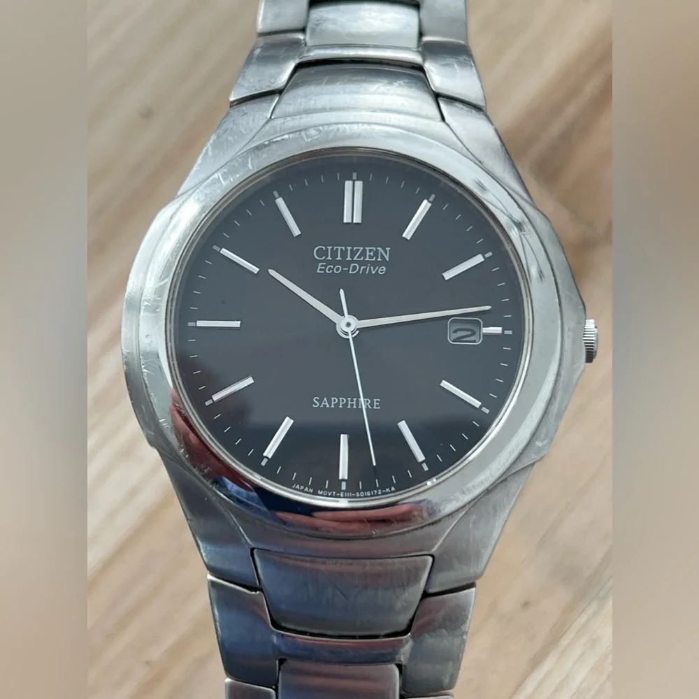 Citizen Eco-Drive Sapphire Men’s Solar Watch Black Dial Stainless Bracelet Date